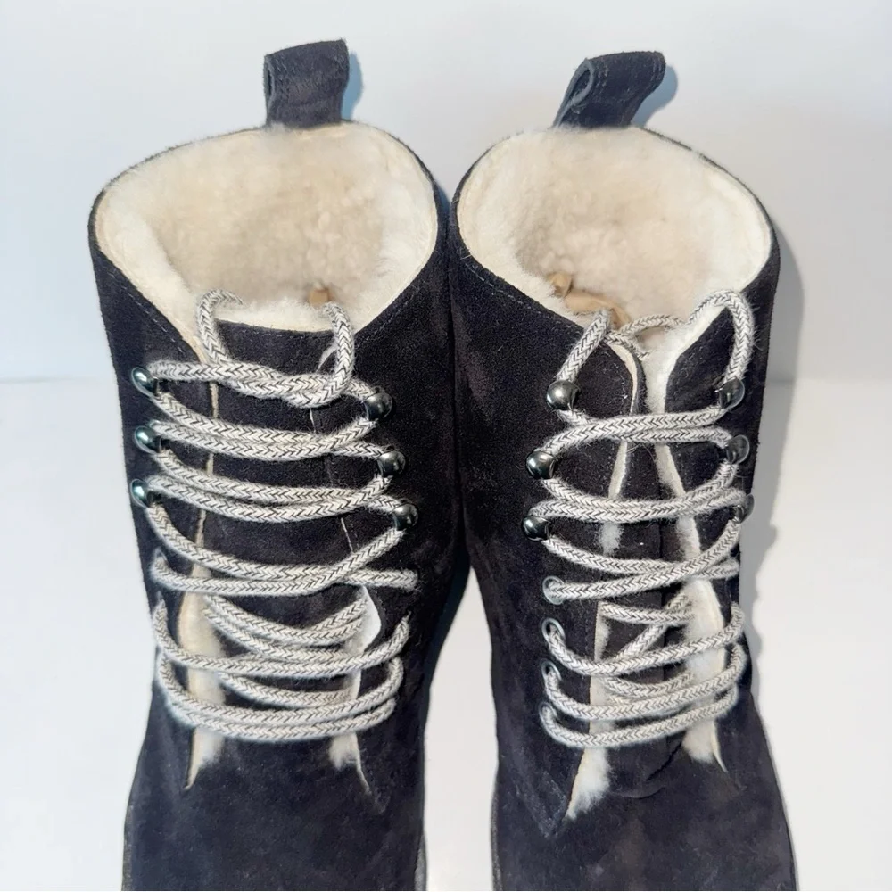 Jenni Kayne Canyon Shearling Ankle Boots Black Suede Size 40/9 Lace-Up Booties